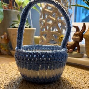 Hand-Crocheted Blue and White Small Basket with Handle